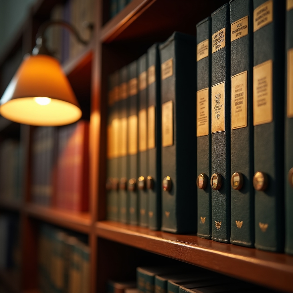 Close-up of Argentine customs regulatory documents and trade law binders on an office shelf