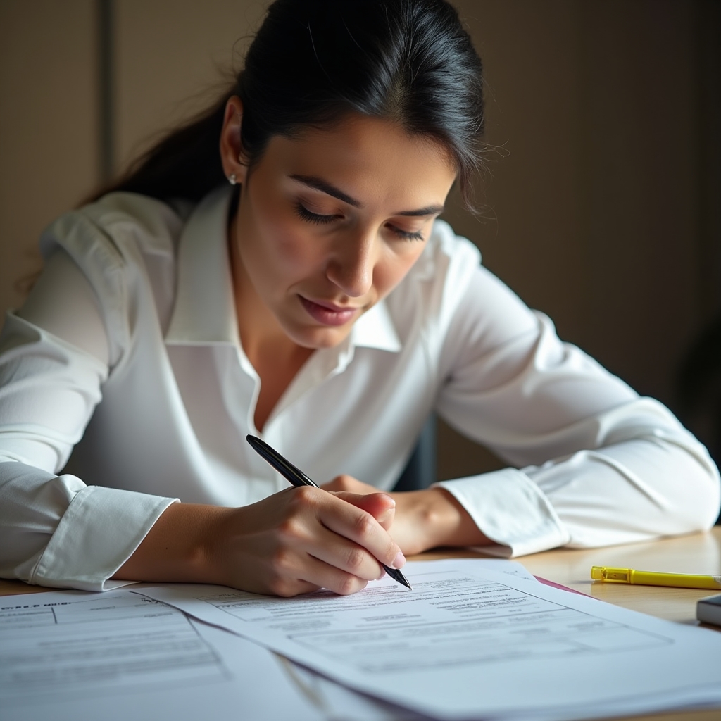 Professional examining export customs documents and certificates at a well-lit desk