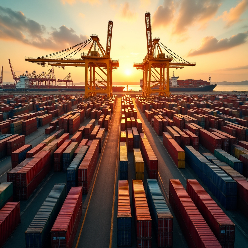 Aerial view of a port with colorful shipping containers being organized by cranes, logistics infrastructure visible