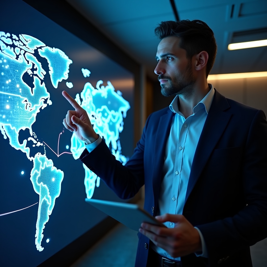 Business professional studying world map on a digital screen with trade route overlays in a modern office setting