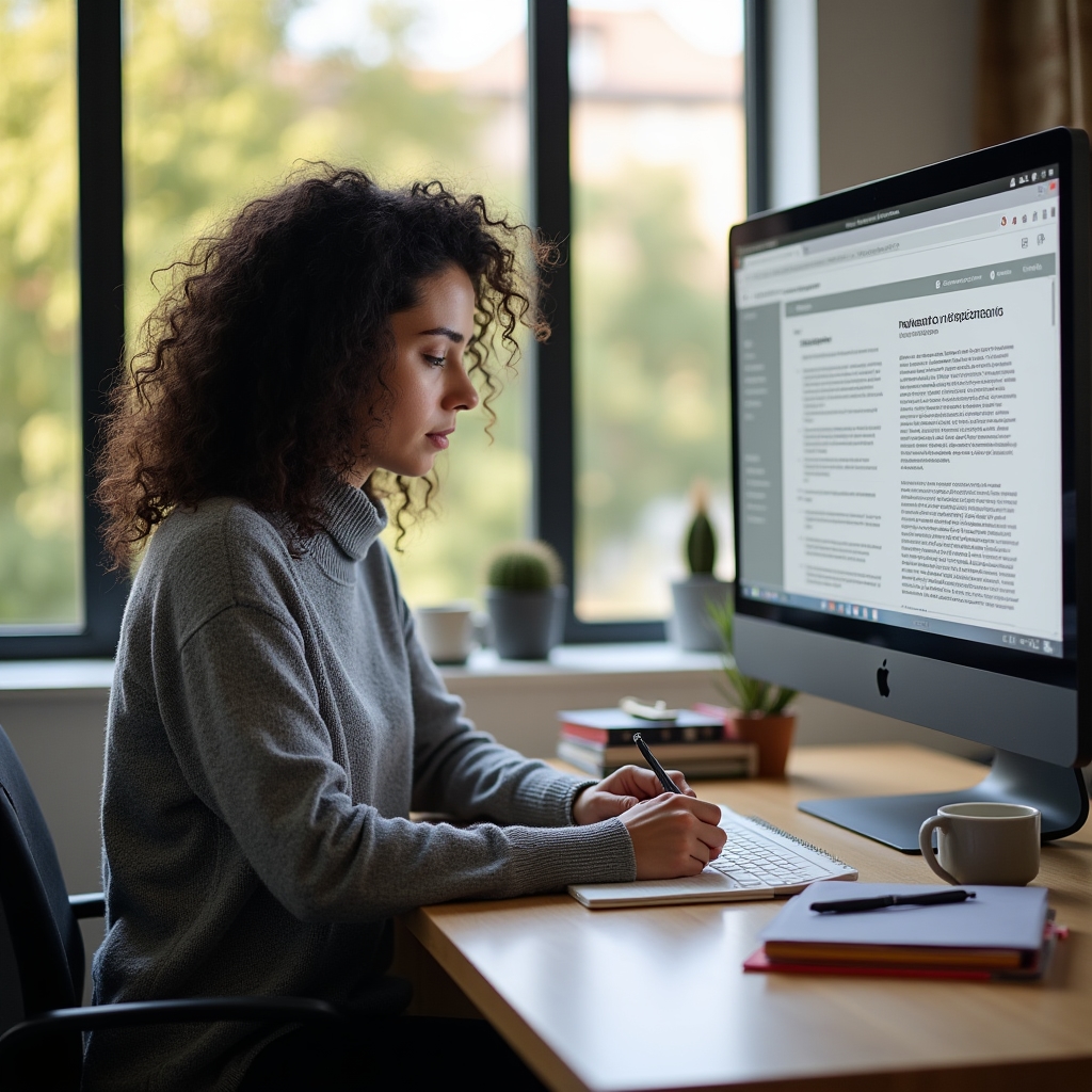 Young professional woman studying export documentation at a home office desk, laptop open with trade regulation content visible on screen