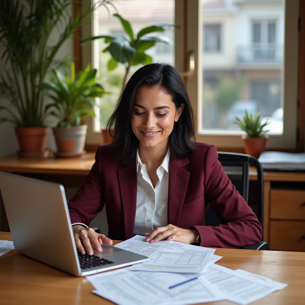 Argentine small business owner reviewing export paperwork with a focused expression at an organized workspace