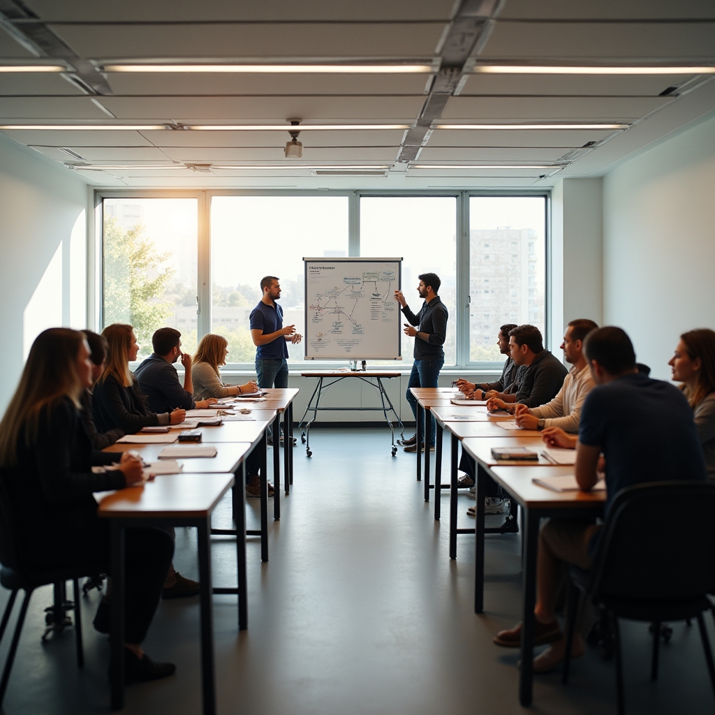 Workshop participants seated at tables in a bright classroom setting, engaged in trade documentation exercises