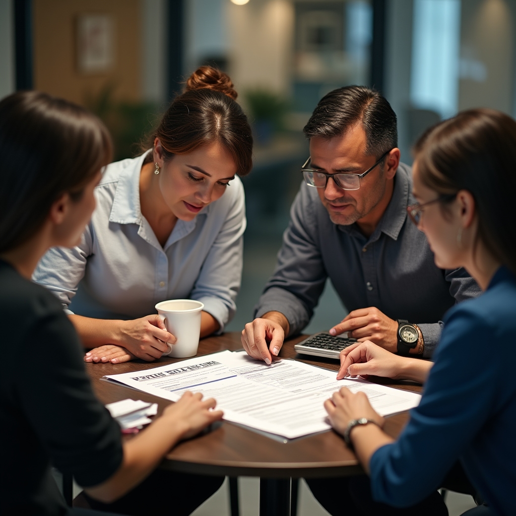 Small group of professionals working through a trade document exercise together at a round table, focused and collaborative